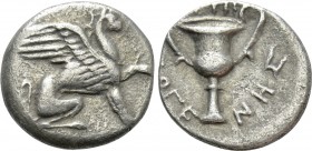 IONIA. Teos. Hemidrachm (Circa 370-340 BC). Diogenes, magistrate. 

Obv: Griffin seated right, raising forepaw.
Rev: THI / ΔIOΓENHΣ. 
Kantharos.
...