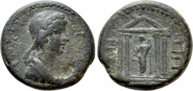 IONIA. Teos. Agrippina II (Augusta, 50-59). Ae. 

Obv: AΓPIΠΠINA CEBACTH. 
Draped bust right.
Rev: THIΩN. 
Temple with four columns, enclosing st...