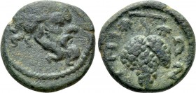 IONIA. Teos. Pseudo-autonomous. Ae (2nd/ 3rd century AD). 

Obv: Head of Silenos right.
Rev: THIΩN. 
Bunch of graped.

BMC 52; SNG von Aulock -;...