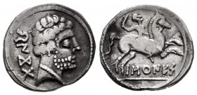 Baskunes. Denarius. 120-20 a.C. Pamplona. (Abh-215). (Acip-1632). Anv.: Small bearded head on the right, behind BENKOTA. Rev.: Horseman with sword on ...