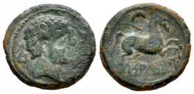 Saltuie. Half unit. 120-30 a.C. Zaragoza. (Abh-308). (Acip-1517). Anv.: Male head on the right, flanked by three dolphins. Rev.: Horse on the right, a...