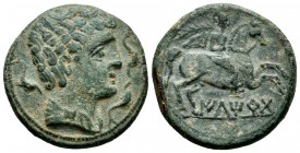 Iltirta. Unit. 220-200 a.C. Lleida (Cataluña). (Abh-1465). (Acip-1261). Anv.: Male head to right, flanked by three dolphins. Rev.: Horseman to the rig...