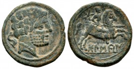 Bolskan. Unit. 180-200 a.C. Huesca. (Abh-1918). (Acip-1415). Anv.: Bearded head to right, behind dolphin. Rev.: Horseman with spear to right, above st...