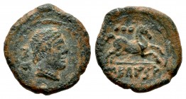 Sekaisa. Sextans. 120-200 a.C. Area of Aragón. (Abh-2150). (Acip-1546). Anv.: Male head laureate to the right, behind it Iberian letters SE. Rev.: Hor...