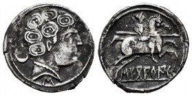 Sekoberikes. Denarius. 120 - 30 a.C. Saelices (Cuenca). (Abh-2169). (Acip-1869). Anv.: Male head to right with pellet on neck, behind crescent, below ...