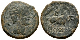 Seteisken. Unit. 120-20 a.C. Sástago (Zaragoza). (Abh-2207). (Acip-2207). Anv.: Male head to the right, with neck decoration and the three dolphins ar...