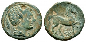 Kese. Half unit. 120-20 a.C. Tarragona (Cataluña). (Abh-2305). (Acip). Anv.: Male head laureate to the right. Rev.: Horse to the right, below and betw...