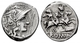 Anonymous. Denarius. 200-190 BC. (Ffc-25). (Craw-130/1a 1b). (Cal-17). Anv.: Head of Roma right, staff before, X behind. Rev.: The Dioscuri riding rig...