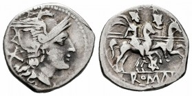 Anonymous. Denarius. 202-198 BC. (Ffc-48). (Craw-129/1). (Cal-10). Anv.: Head of Roma right, with curl on left shoulder; X behind. Art variety from th...