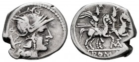 Anonymous. Denarius. 199-170 BC. (Ffc-73). (Craw-172/1). (Cal-49). Anv.: Head of Roma right, X behind. Rev.: The Dioscuri riding right, stars above, M...