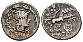 Acilius. Denarius. 125 BC. Rome. (Ffc-92). (Craw-271/1). (Cal-64). Anv.: Head of Roma right, ROMA below, BALBVS, (interlace AL), behind, if below chin...