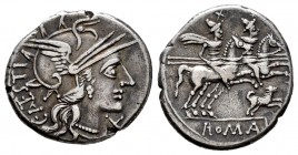 Antestius. Caius Antestius. Denarius. 146 BC. Auxiliary mint of Rome. (Ffc-147). (Craw-219/1c). (Cal-125). Anv.: Head of Roma right, X below chin, C. ...