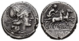 Atilius. Atilius Saranus. Denarius. 155 BC. Rome. (Ffc-171). (Craw-199/1a). (Cal-242). Anv.: Head of Roma right, X., behind. Rev.: Victory holding whi...