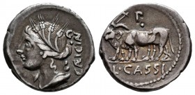 Cassius. L. Cassius Caecianus. Denarius. 102 BC. Rome. (Ffc-555). (Craw-no cita). (Cal-409). Anv.: Bust of Ceres left, C/EICIAN., (AN interlace), and ...