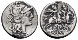 Coelius. L. Coelius. Denarius. 189-180 BC. Rome. (Ffc-573). (Craw-154/1). (Cal-440). Anv.: Head of Roma right, X behind. Rev.: The Dioscuri right, L. ...