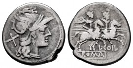 Coelius. L. Coelius. Denarius. 189-180 BC. Rome. (Ffc-573). (Craw-154/1). (Cal-440). Anv.: Head of Roma right, X behind. Rev.: The Dioscuri right, L. ...