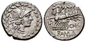 Gellius. Denarius. 138 a.C. Rome. (Ffc-742). (Craw-232). (Cal-611). Anv.: Head of Rome on the right, behind X, all within a crown. Rev.: Mars and Neri...