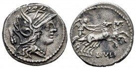 Julius. L. Julius. Denarius. 101 BC. Rome. (Ffc-762). (Craw-323/1). (Cal-630). Anv.: Head of Roma right, ear of corn behind. Rev.: Victory in biga rig...