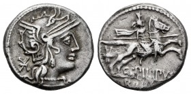 Marcius. Q. Marcius Philipus. Denarius. 129 BC. Rome. (Ffc-849). (Craw-259/1). (Cal-933). Anv.: Head of Roma right, X behind. Rev.: Macedonian horsema...
