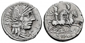 Minucius. Q. Minucius Rufus. Denarius. 122 BC. Auxiliary mint of Rome. (Ffc-920). (Craw-277/1). (Cal-1022). Anv.: Head of Roma right, X beneath chin. ...