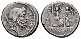 Nonius. M. Nonius Sufenas. Denarius. 59 BC. Rome. (Ffc-941). (Craw-421/1). (Cal-1048). Anv.: SVFENAS before head of Saturn right, harpa, conical stone...