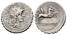 Pomponius. L. Pomponius Cn. f. Denarius. 118 BC. Narbo. (Ffc-1027). (Craw-282/4). (Cal-1174). Anv.: L. POMPONI. CNF. (NF interlace), around head of Ro...
