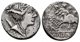 Postumius. Aulus Postumius Albinus. Denarius. 96 BC. Auxiliary mint of Rome. (Ffc-1065). (Craw-335/9). (Cal-1210). Anv.: ROMA below diademed bust of D...