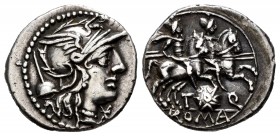 Quinctius. T. Quinetius Flaminius. Denarius. 126 BC. Rome. (Ffc-1084). (Craw-267/1). (Cal-1227). Anv.: Head of Roma right, X below chin, flamen´s cap ...