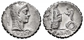 Roscius. L. Roscius Fabatus. Denarius. 62 BC. Central Italy. (Ffc-1090). (Craw-412/1). (Cal-1231). Anv.: L. ROSCI. below the head of Juno Sospita righ...
