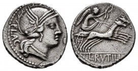 Rutilius. L. Rutilius FlADcus. Denarius. 77 BC. Rome. (Ffc-1095). (Craw-387/1). (Cal-1237). Anv.: Head of Roma right, wearing winged helmet, with viso...