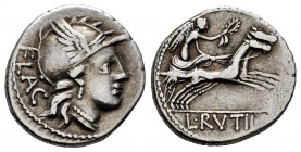Rutilius. L. Rutilius FlADcus. Denarius. 77 BC. Rome. (Ffc-1096). (Craw-387/1). (Cal-1237a). Anv.: Head of Roma right, wearing winged helmet, with vis...