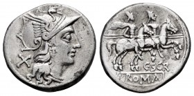 Scribonius. C. Scribonius Curio. Denarius. 154 BC. Rome. (Ffc-1100). (Craw-201/1). (Cal-1246). Anv.: Head of Roma right, X behind. Rev.: The Dioscuri ...