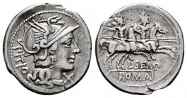 Sempronius. L. Sempronius Pitio. Denarius. 148 BC. Rome. (Ffc-1107). (Craw-216/1). (Cal-1251). Anv.: Head of Roma right, X below chin. PITIO behind. R...