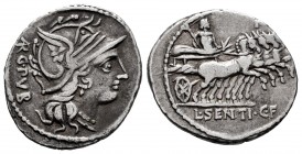 Sentius. Lucius Sentius C. f. Denarius. 101 BC. Norte de Italia. (Ffc-1109). (Craw-no cita). (Cal-1258). Anv.: Head of Roma right, ARG. PVB., (AR inte...