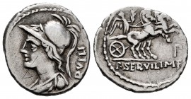 Servilius. P. Servilius M.f. Rullus. Denarius. 100 BC. Norte de Italia. (Ffc-1118). (Craw-328/1). (Cal-1277). Anv.: Bust of Minerva Ieft, wearing cres...
