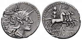 Tullius. M. Tullius. Denarius. 120 BC. Rome. (Ffc-1162). (Craw-280/1). (Cal-1317). Anv.: Head of Roma right, ROMA behind. Rev.: Victory in quadriga ri...