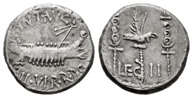 Mark Antony. Denarius. 32-31 BC. Mint moving. (Ffc-32). (Craw-544/14). (Cal-179). Anv.: ANT. AVG. III. VIR. R.P.C. praetorian galley right. Rev.: LEG....