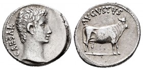 Augustus. Denario. 21-20 a.C. Samos. (Ric-475). (Bmc-663). (Ch-18). Anv.: CAESAR. Naked head to right. Rev.: AVGVSTVS. Bull standing to the right. Ag....