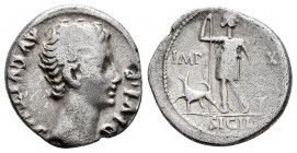 Augustus. Denarius. 11-10 BC. Lugdunum. (Ffc-129). (Ric-183). (Cal-832). Anv.: AVGVSTVS DIVI. F , bare head of Augustus right. Rev.: IMP. - XII. SICIL...