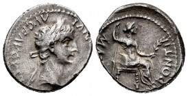 Tiberius. Denarius. 14-33 d.C. Lugdunum. (Spink-1763). (Ric-26). (Seaby-16). Rev.: PONTIF MAXIM. Livia seated to the right with sceptre and branch. Ag...