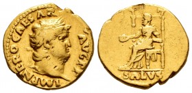 Nero. Aureus. 66-68 d.C. Rome. (Ric-unlisted). (Cal-444). (Ch-315). Anv.: IMP NERO CΛESΛR ΛVG P P, laureate head right. Rev.: SALVS, draped, seated le...