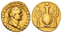 Vespasian. Áureo. 80-81 d.C. Rome. (Ric-Titus 62). (Cal-630a). (Ch-148). Anv.: DIVVS AVGVSTVS VESPASIANVS. Laureate head right. Rev.: Shield with the ...