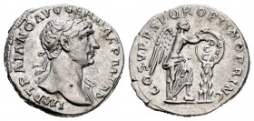 Trajan. Denarius. Rome. (Spink-3128). (Ric-130). (Seaby-80). Rev.: COS V P P S P Q R OPTIMO PRINC. Victoria by inscribing DA/CI/CA in three lines on a...