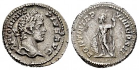 Caracalla. Denarius. 206 d.C. Rome. (Spink-6862). (Ric-84). (Seaby-431). Rev.: PONTIF TR P VIIII COS II Mars standing front, head to left, placing his...