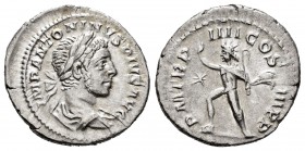 Elagabalus. Denarius. 218-222 d.C. Rome. (Ric-40). (Ch-184). Rev.: P M TR P IIII COS III P P Sol, radiate, advancing left, raising his right hand in s...