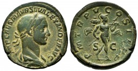 Severus Alexander. Sestertius. 226 d.C. Rome. (Ric-442 variante). Rev.: PM TR P V COS II P P / S - C. Mars advancing right, holding spear with his rig...