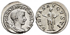Gordian III. Denarius. 241-242 d.C. Rome. (Spink-8677). (Ric-127). (Seaby-69). Rev.: PIETAS AVGVSTI. Pietas standing to the left with both hands open....