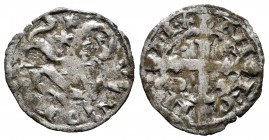 Kingdom of Castille and Leon. Alfonso IX (1188-1230). Dinero. Coruña. (Bautista-224 var). Ve. 0,72 g. C before the lion and the star below the cross. ...