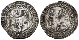 Catholic Kings (1474-1504). 1 real. Granada. (Cal-365). Anv.: FERNANDVS: E(T:) hELISA. Rev.: + REX: ET REGINA: CAST· LEGIO. Ag. 3,38 g. Large flan. Fu...