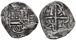Philip III (1598-1621). 4 reales. (1599-1600). Valladolid. D. (Cal-tipo 157). Ag. 13,43 g. OMNIVM type. Inner frame on obverse and reverse. Very scarc...